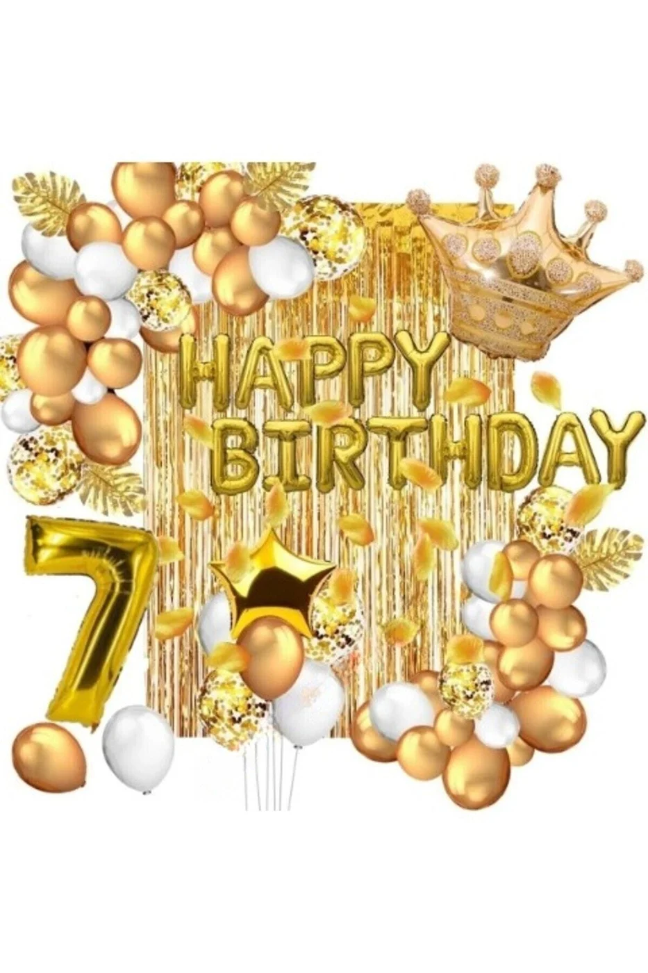 7 Yaş Lüks Gold Beyaz Happy Bırthday Kral Taçlı Doğum Günü Seti