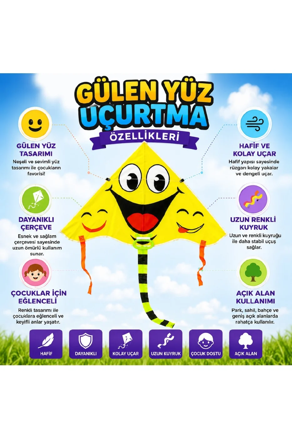 Gülen Yüz Uçurtma Çocuk Uçurtması | Kolay Uçan | Renkli Kuyruklu | İp Makaralı | Dayanıklı Açık Hava Oyuncağı gorsel 3
