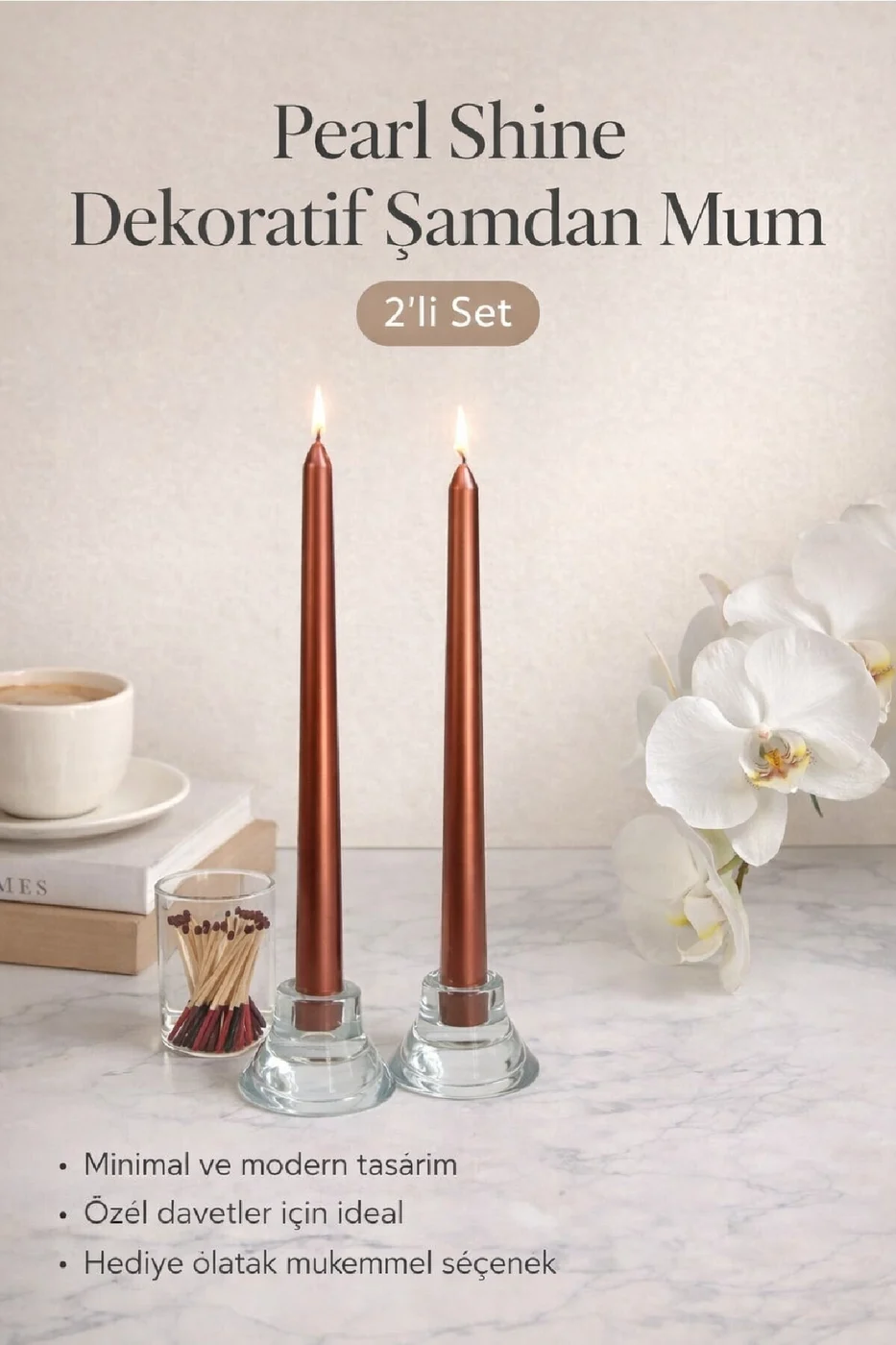 LUXE Şamdan Mum Seti 2’li Gold / Ivory / Silver Dekoratif Uzun Şamdan Mum