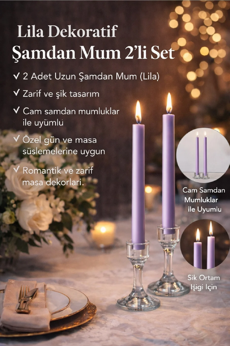 LUXE Şamdan Mum Seti 2’li Gold / Ivory / Silver Dekoratif Uzun Şamdan Mum gorsel 2