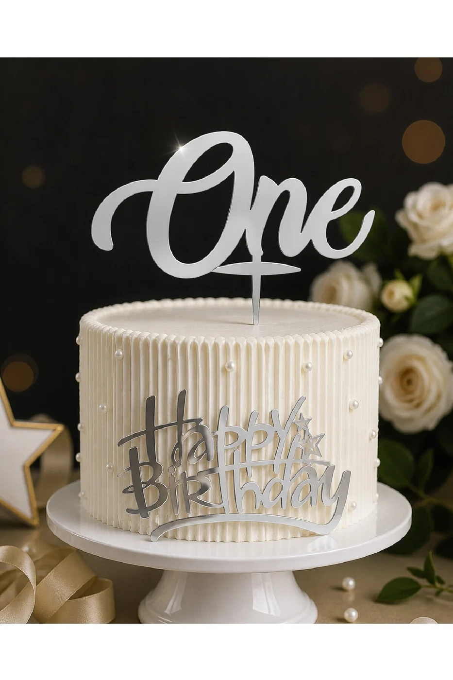 1 Yaş One Pasta Süsü Seti Pleksi Gold & Gümüş Happy Birthday Pasta Önü Yazı Dekor