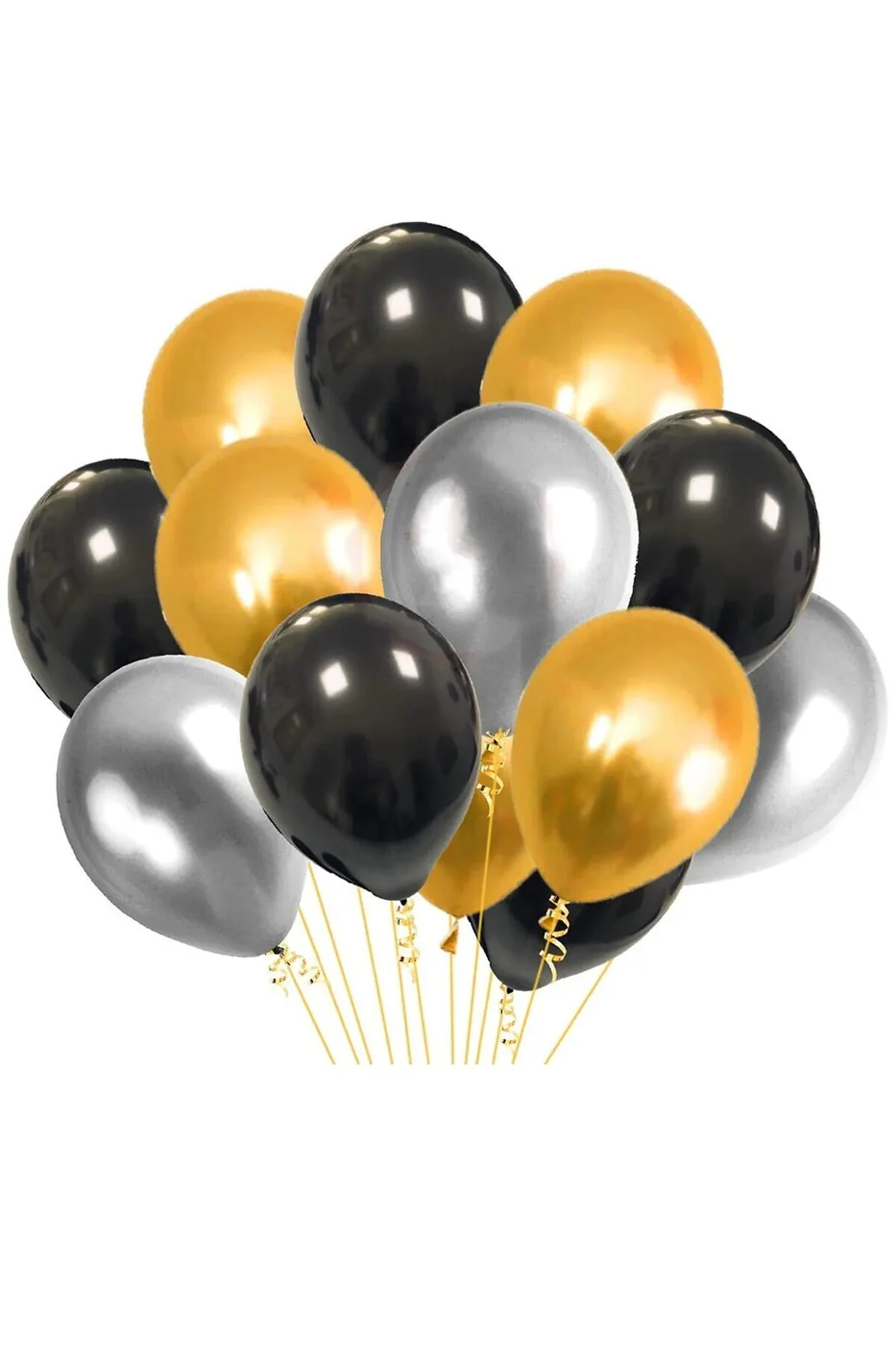 12li Metalik 4 Siyah, 4 Gümüş Gri, 4 Gold Altın Sarısı Parlak Balon Buketi Helyumla Uçan
