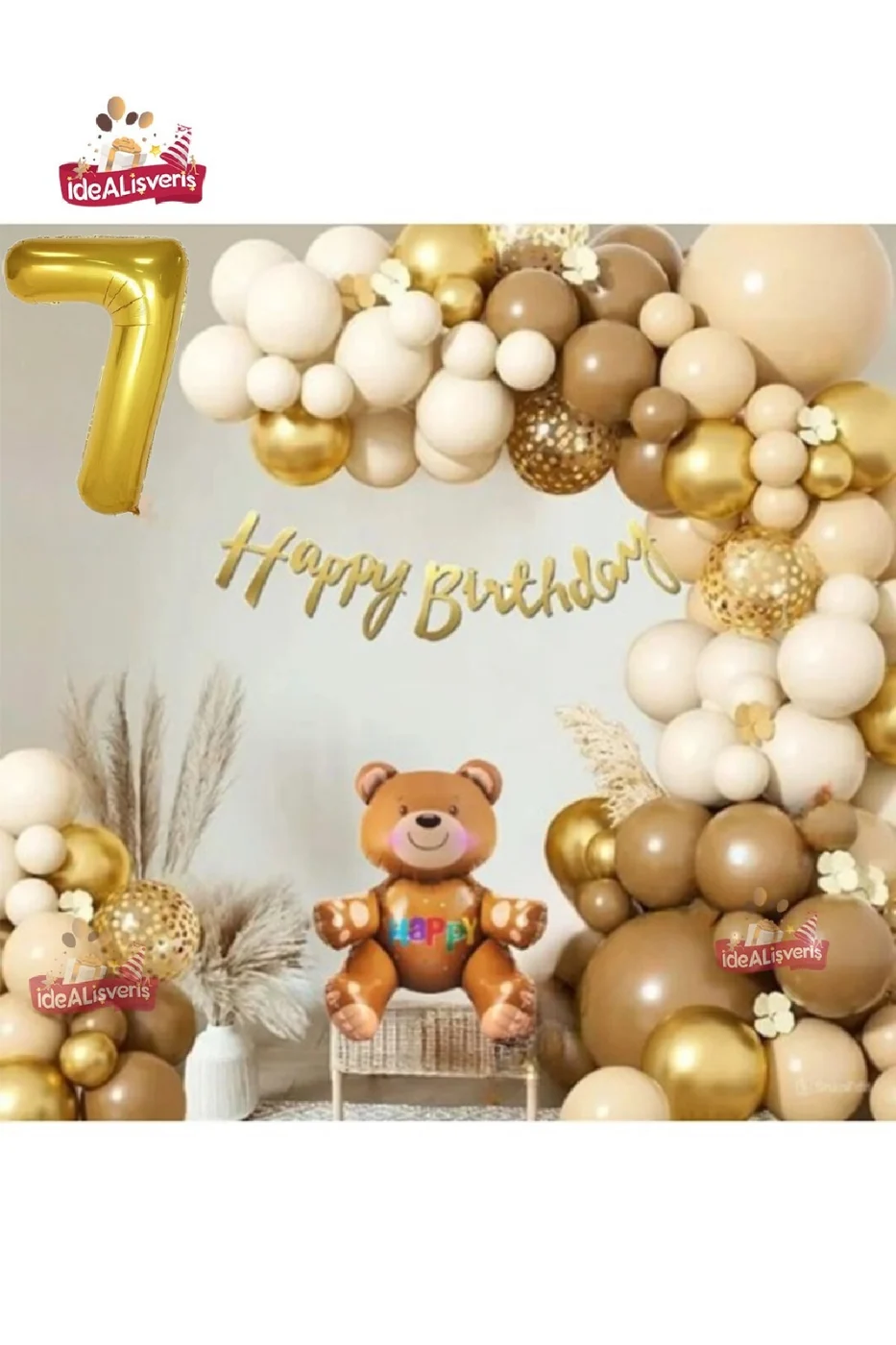 GOLD  RETRO RENK OTURAN AYI FOLYO BALONLU BALON ZİNCİR SET DOĞUM GÜNÜ PARTİ SETİ SÜSÜ