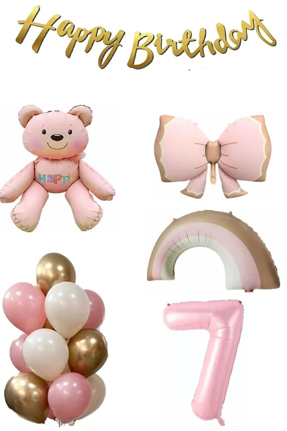 Pembe Ayıcık Yaş Balonlu Gökkuşağı Temalı Kız Bebek Konsept Doğum Günü Parti Seti Süsü