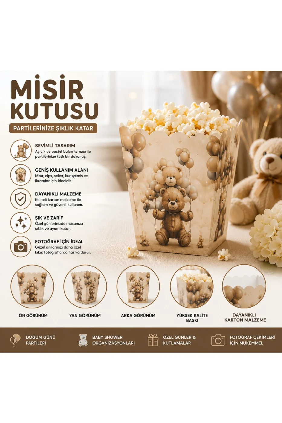 Ayıcık Temalı Mısır Kutusu 8 Adet | Teddy Bear Popcorn Kutusu | Doğum Günü Baby Shower Parti Sunum Kutusu
