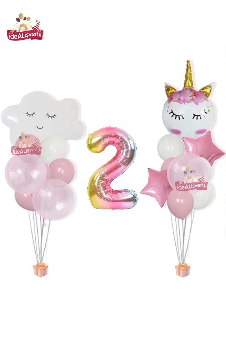 Bulut Eyelash Gökkuşağı 2 Yaş Folyo Pembe Beyaz Balonlu Doğum Günü Parti Seti