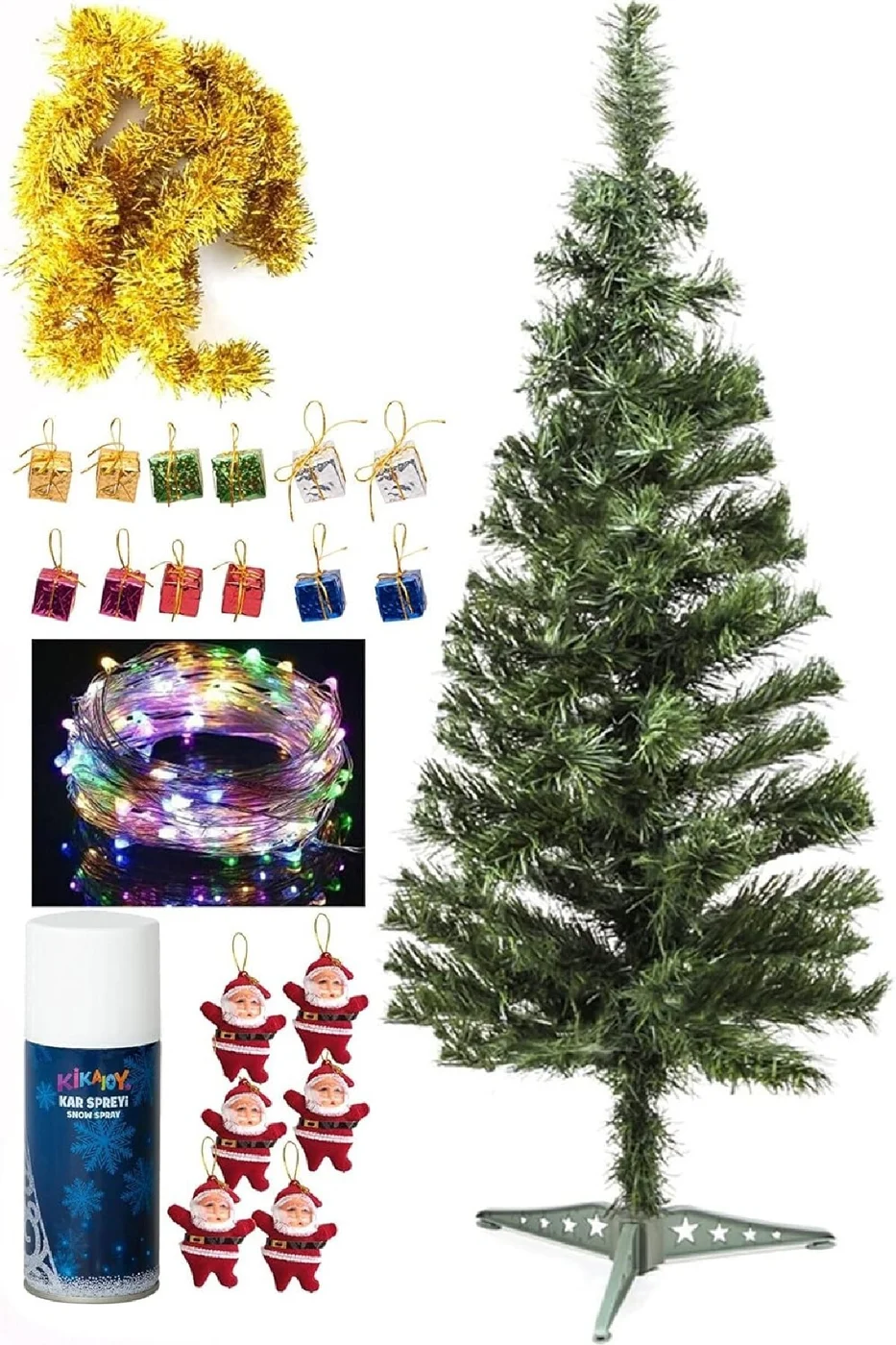 90 Cm Yılbaşı Çam Ağacı Seti 5 Metre Peri Led Işıklı Ve Yılbaşı Süsleri Paketi, Kar Spreyi
