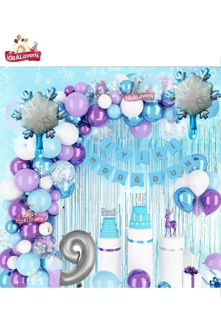 KIZ ÇOCUKLARI İÇİN LÜKS 9 YAŞ FROZEN ELSA TEMALI KAR TANESİ FOLYOLU DOĞUM GÜNÜ PARTİ SETİ SÜSÜ