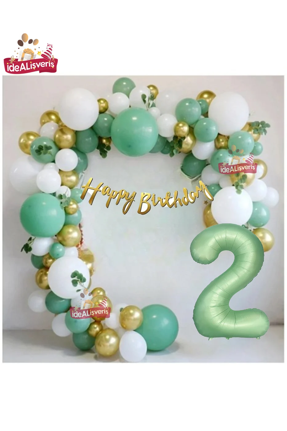 Mat Yeşil 2 Yaş Folyo Balon Happy Birthday Kaliğrafi Yeşil Gold Beyaz Doğum Günü Parti Seti