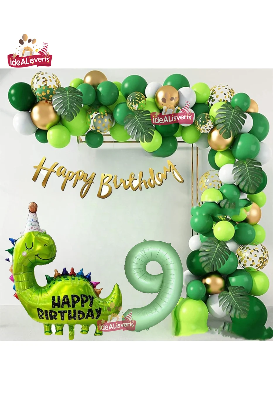 Happy Birthday Yazılı Dinozor 9 Yaş Folyo Balonlu Yeşil Gold Beyaz Doğum Günü Parti Seti