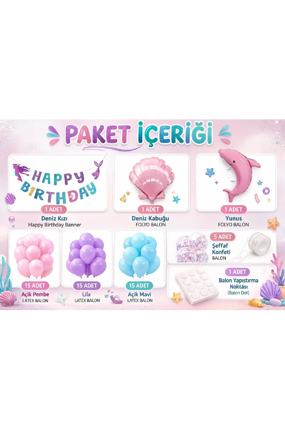 Deniz Kızı Temalı Doğum Günü Süsleme Seti Balon Zinciri Yunus ve Deniz Kabuğu Balon Parti Dekoru Süs gorsel 2