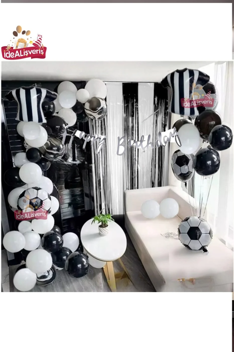 TARAFTAR SİYAH BEYAZ FOLYOLU BALUNLU HAPPY BİRTHDAY YAZILI LÜKS DOĞUM GÜNÜ PARTİ SETİ SÜSÜ gorsel 4