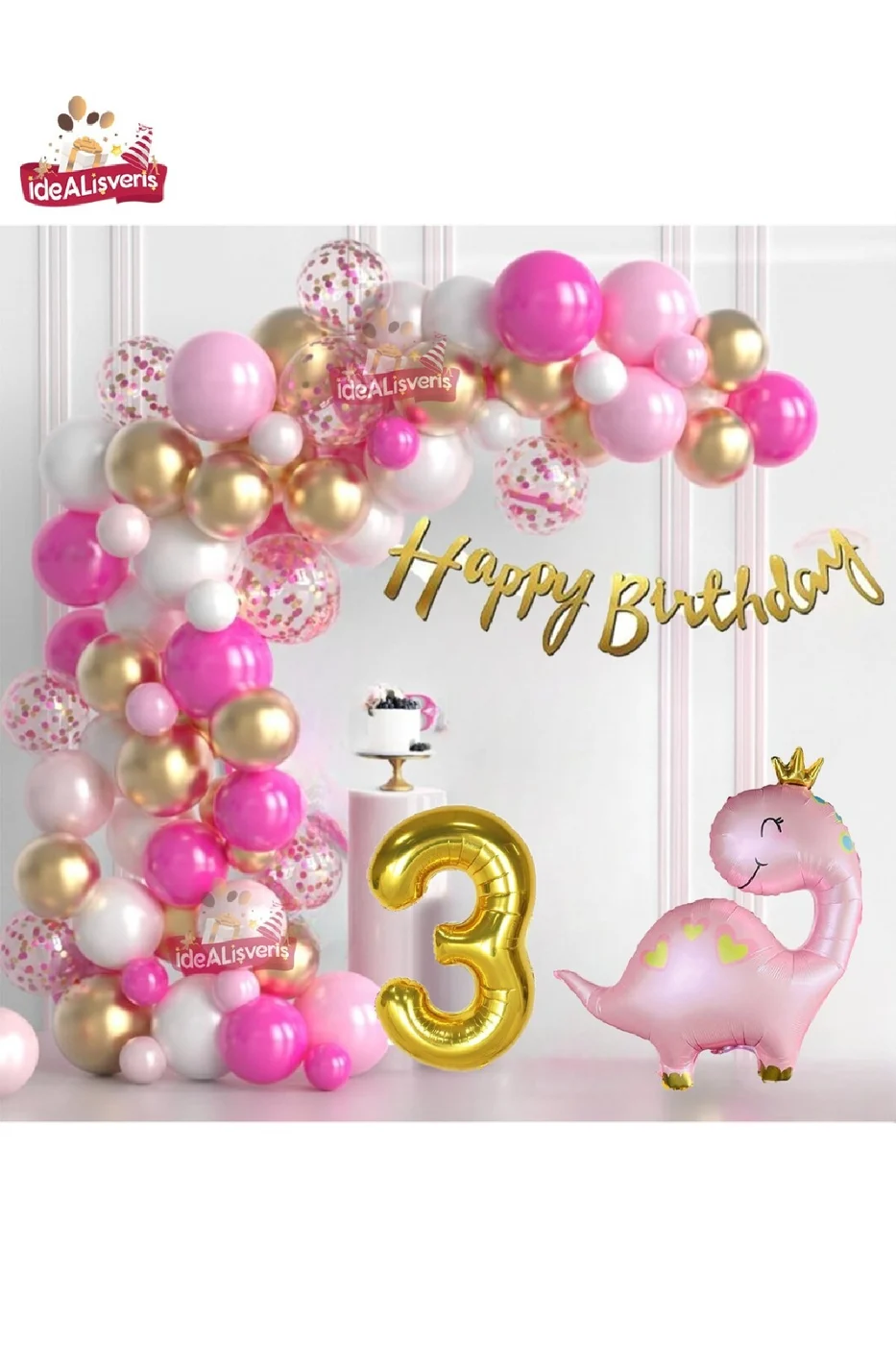 Lüks Pembe Dinozor  Yaş Folyo Balonlu Pembe Gold Beyaz Doğum Günü Parti Seti Süsü gorsel 3