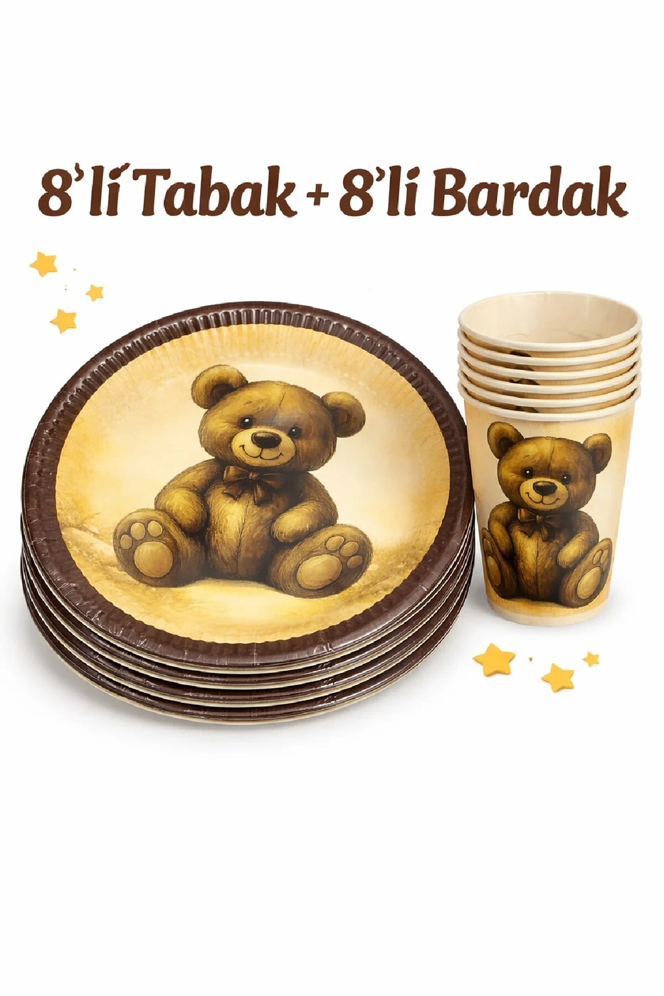 Vintage Ayıcık Doğum Günü Seti – 8’li Tabak & Bardak gorsel 3