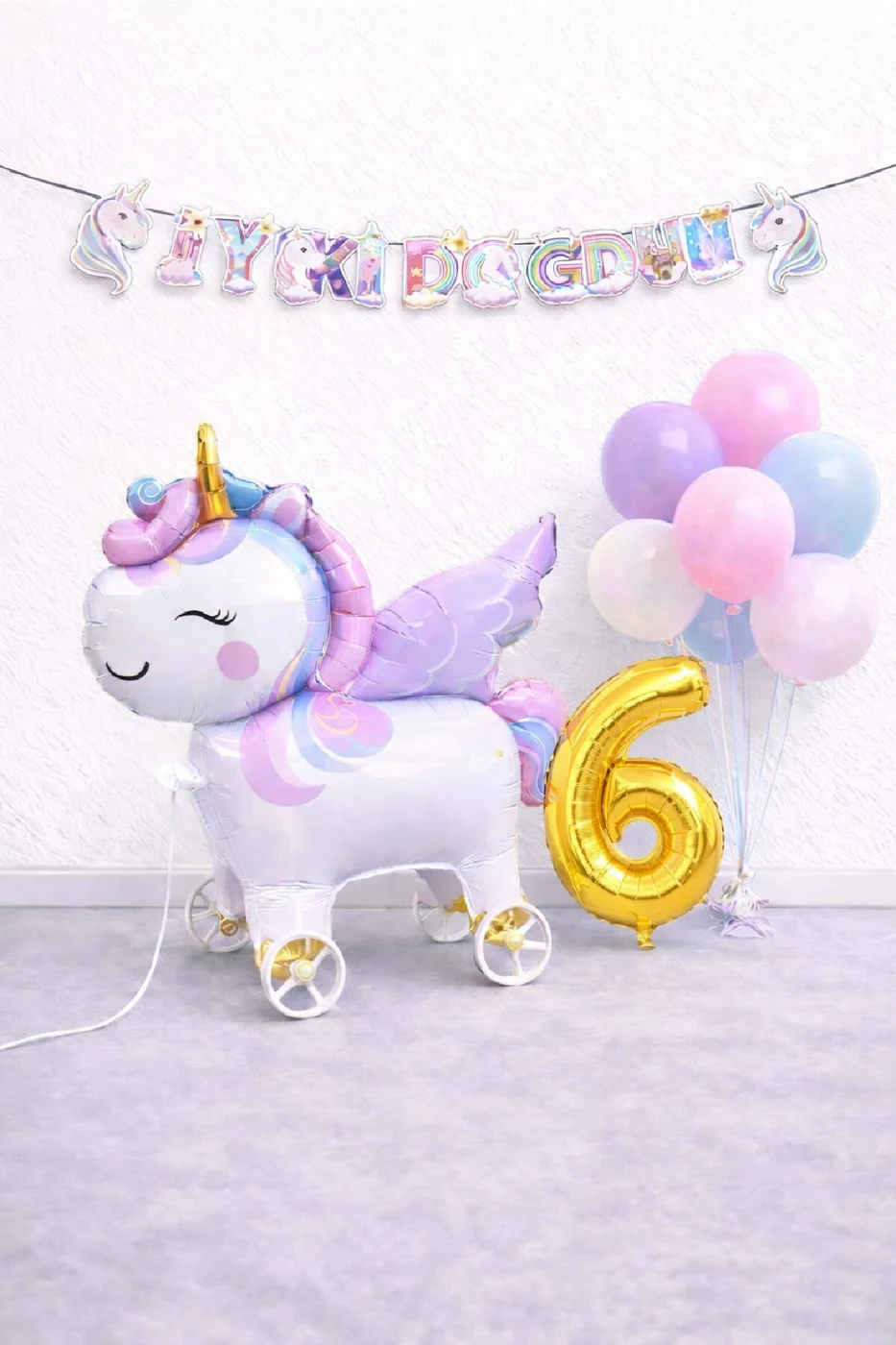 Mini Tekerlekli Unicorn Balonlu Karışık Balonlu Doğum Günü Seti Gold Rakamlı Parti Seti Süsü