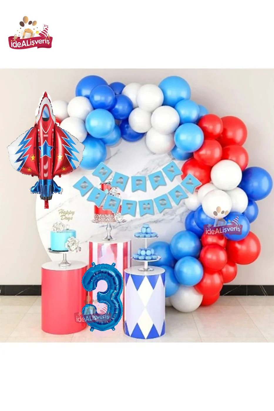 Jet Uçak Mavi 3 Yaş Folyolu Kırmızı Beyaz Mavi Balon Zincir Doğum Günü Seti