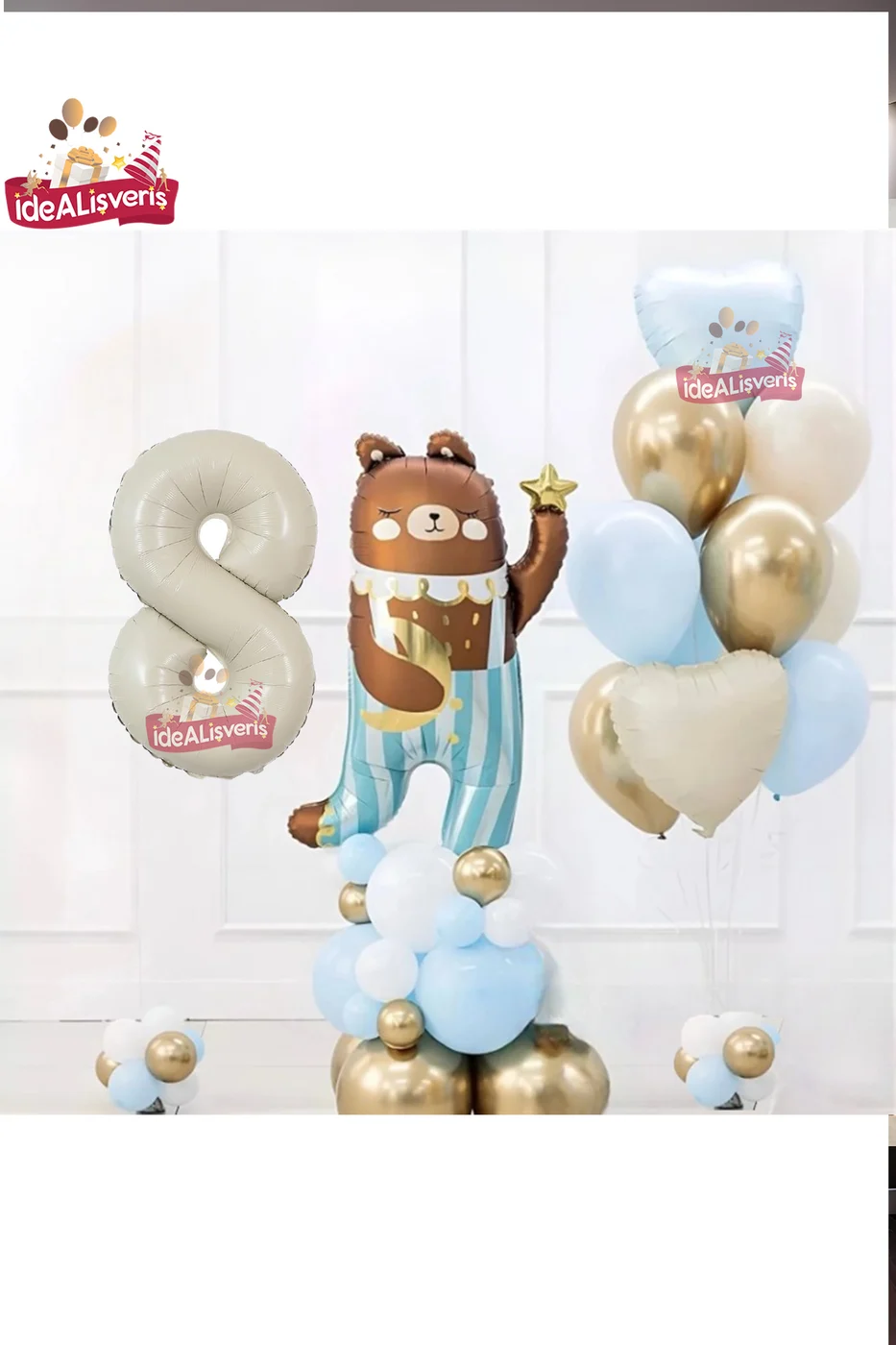 SEVİMLİ TEDDY BEAR AYI FOLYOLU 8 YAŞ KREM FOLYOLU DOĞUM GÜNÜ PARTİ SETİ SÜSÜ gorsel 4