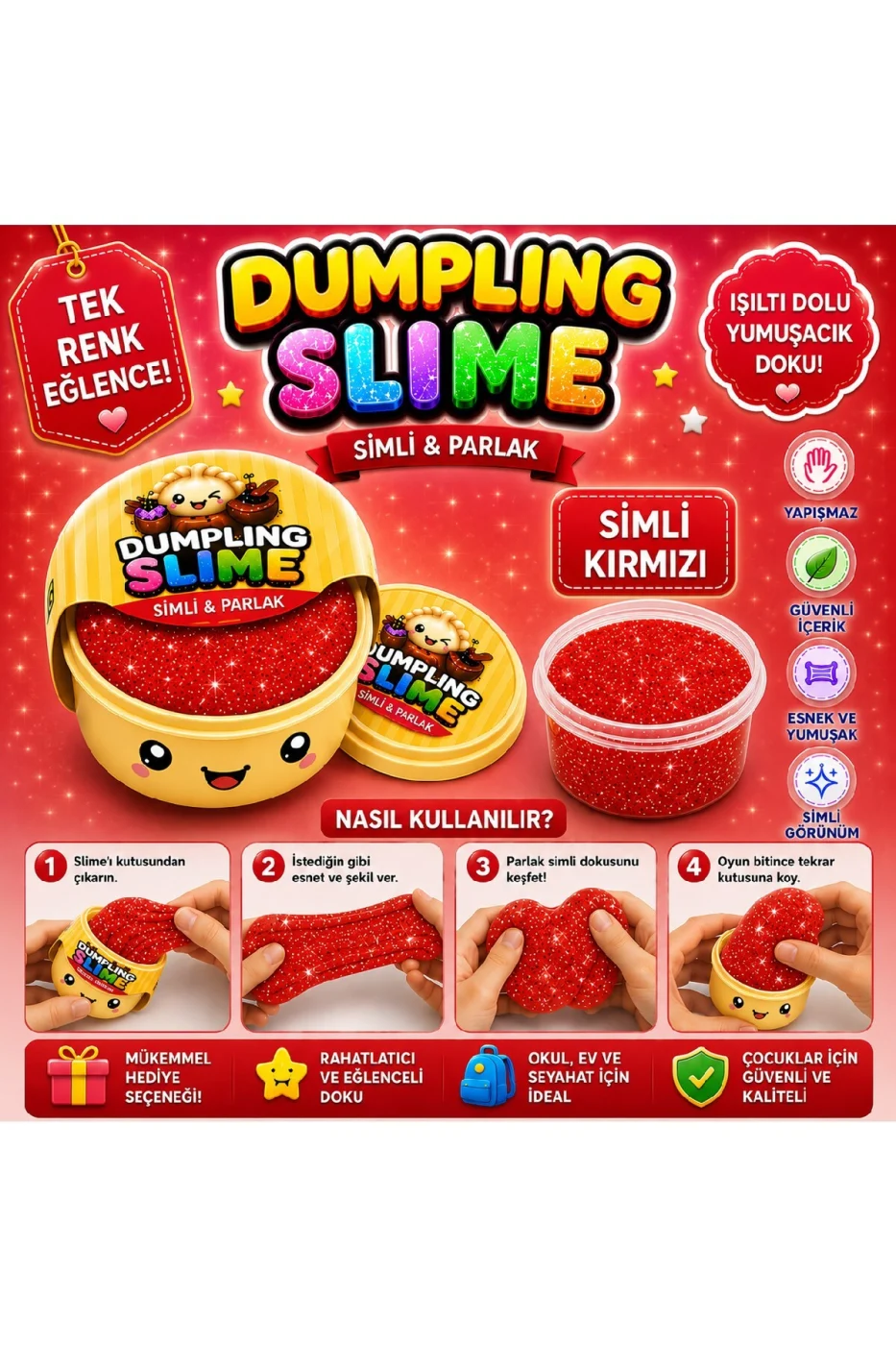 Çin MantısıSlime Simli Oyun Hamuru Tekli | Glitter Slime | Esnek Yumuşak Doku | Kapaklı Kutu | 6 Renk Seçeneği