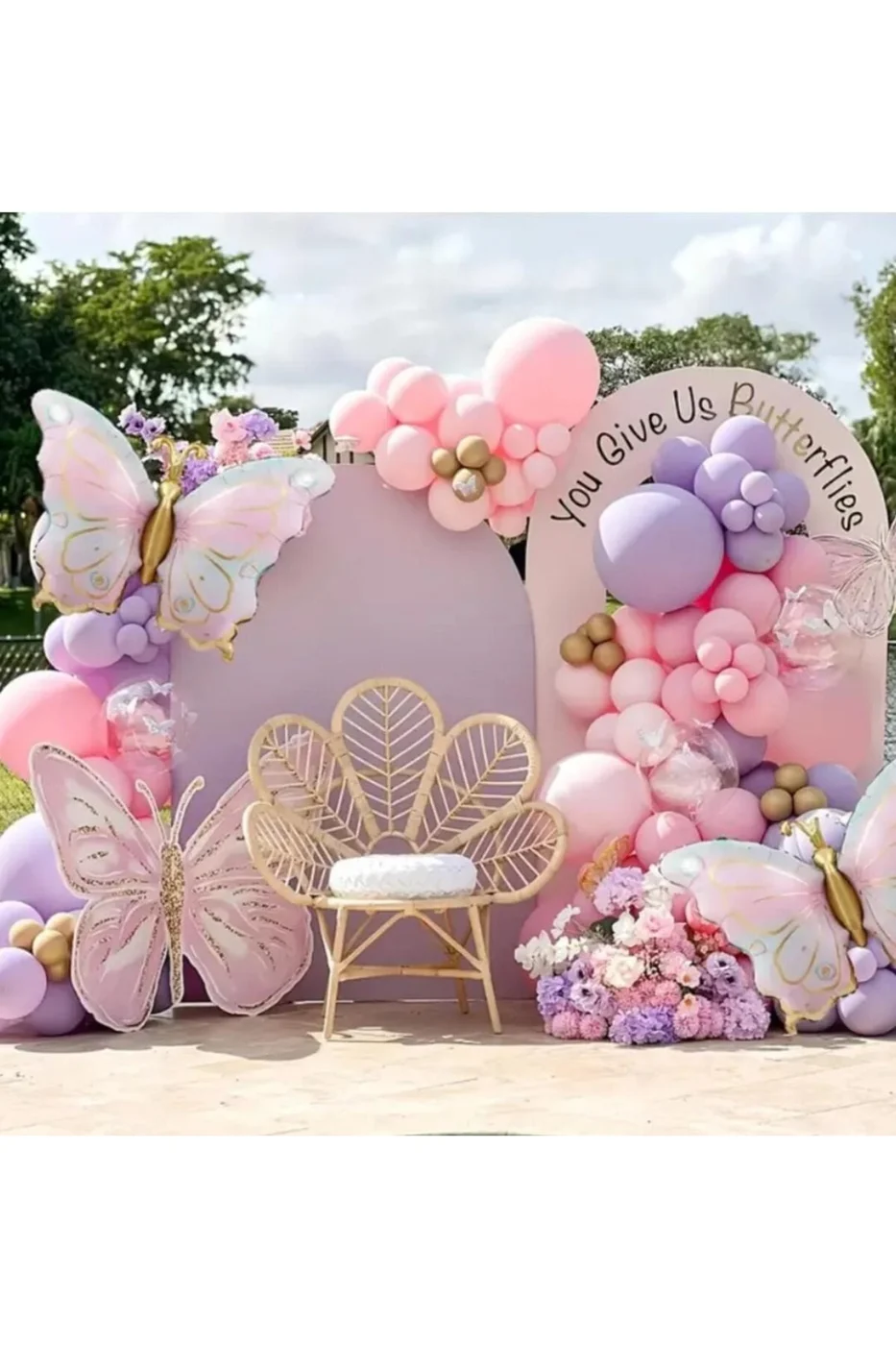 RETRO KELEBEK FOLYO BALONLU PEMBE LİLA GOLD BALON ZİNCİRİ DOĞUM GÜNÜ PARTİ SETİ SÜSÜ gorsel 5