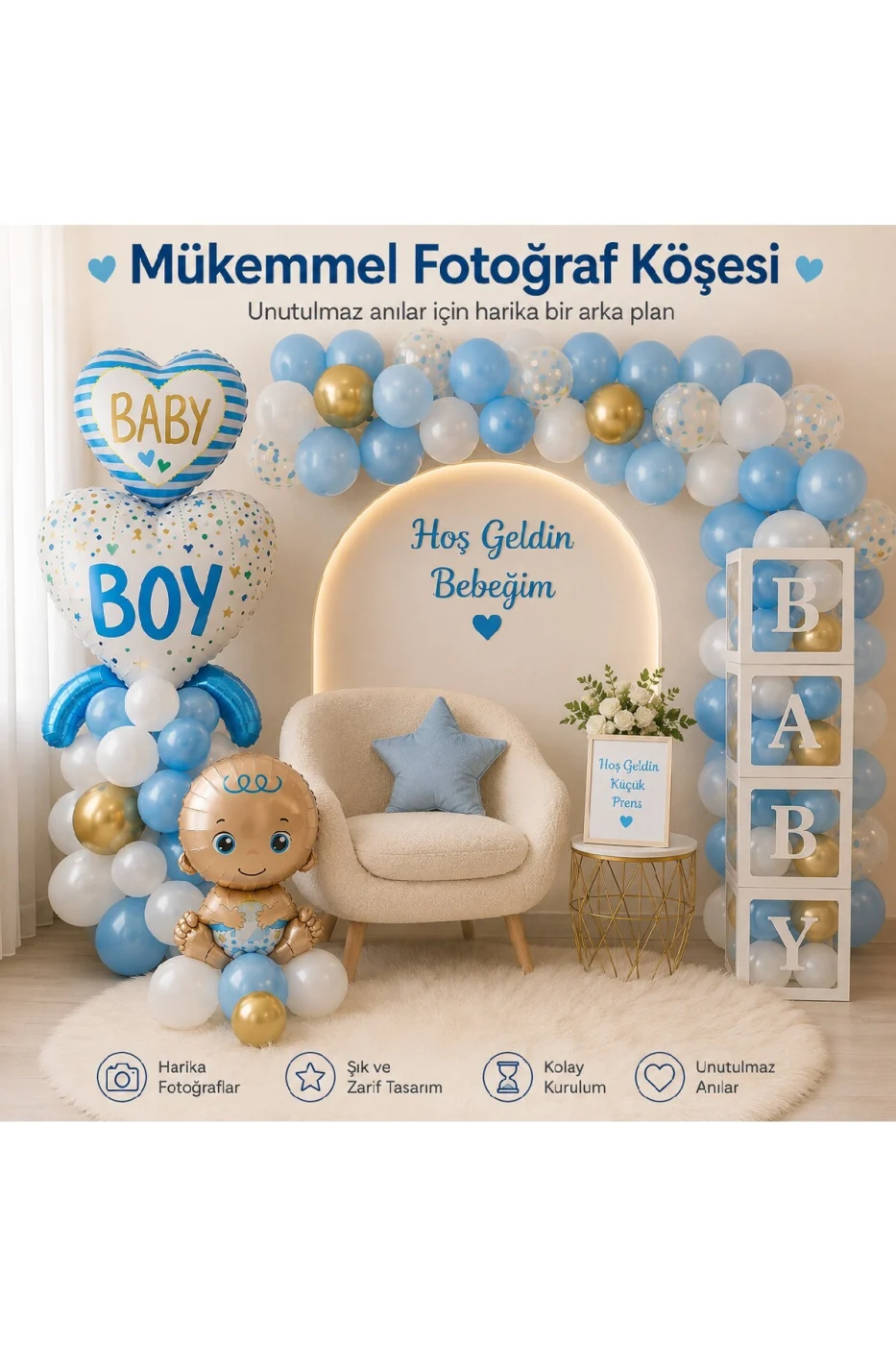Hoş Geldin Bebek Hastane Odası Süsleme Seti | Erkek & Kız Bebek Dekorasyon Seti | BABY Kutu Seti, Baby Boy/Girl Balon, Bebek Folyo, Balon Zinciri | Premium Fotoğraf Çekim Konsepti gorsel 5