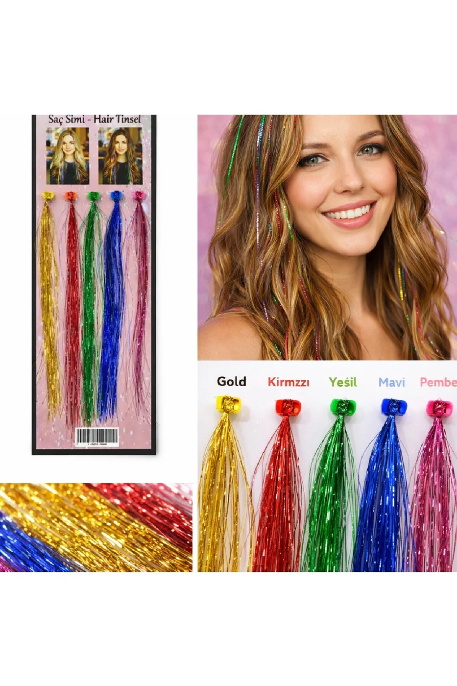 Renkli Saç Simi Seti (5’li) – Hair Tinsel Parlak Saç Aksesuarı gorsel 3