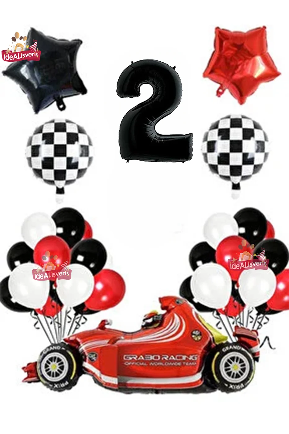 Formula Yarış Arabası 2 Yaş Siyah Kırmızı Beyaz Konsept Doğum Günü Parti Seti