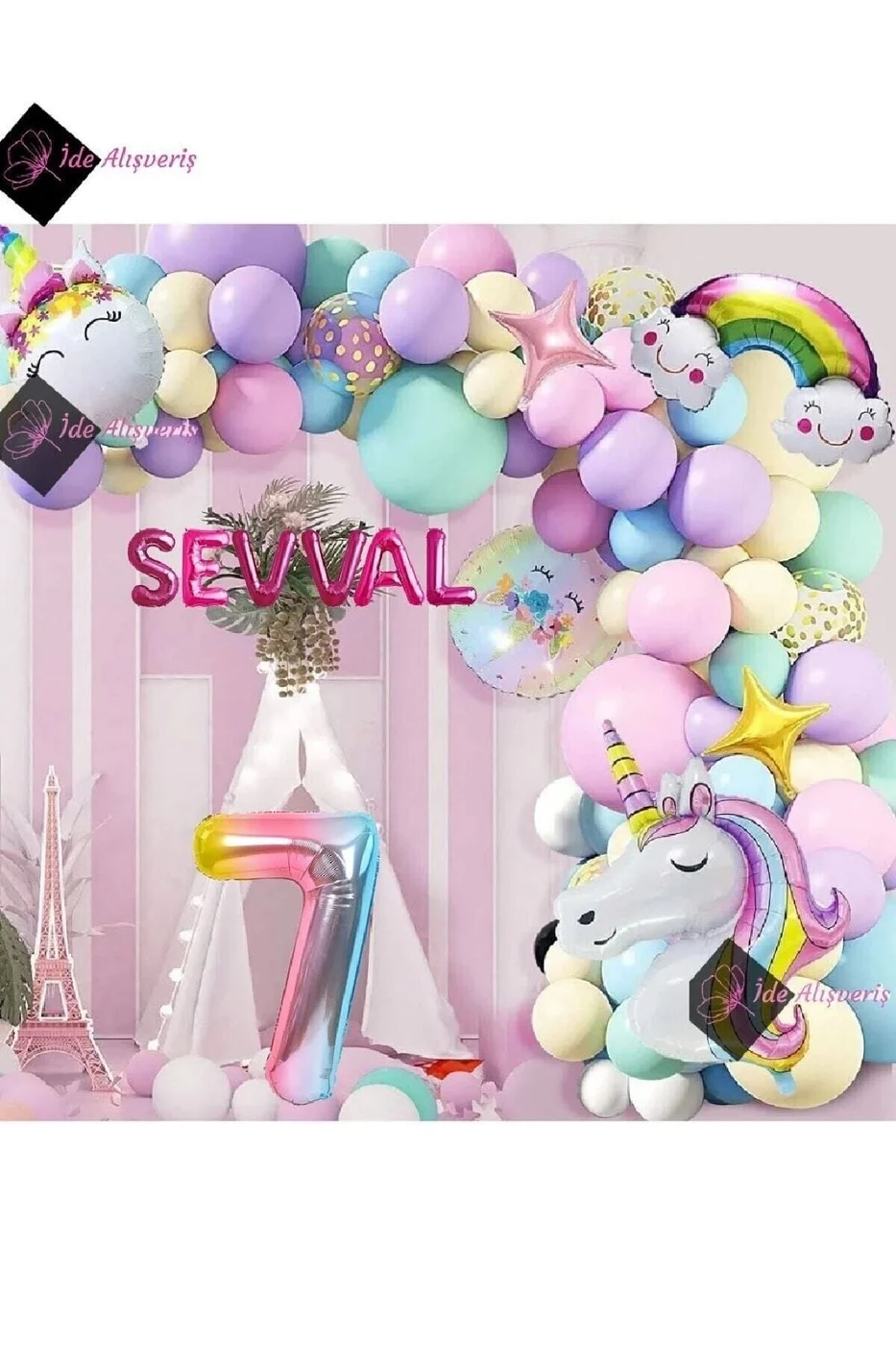 6 Harfli 7 Yaş Gökkuşağı Konsepti Unicorn Temalı Makaron Balon Doğum Günü Parti Kutlama Seti gorsel 3