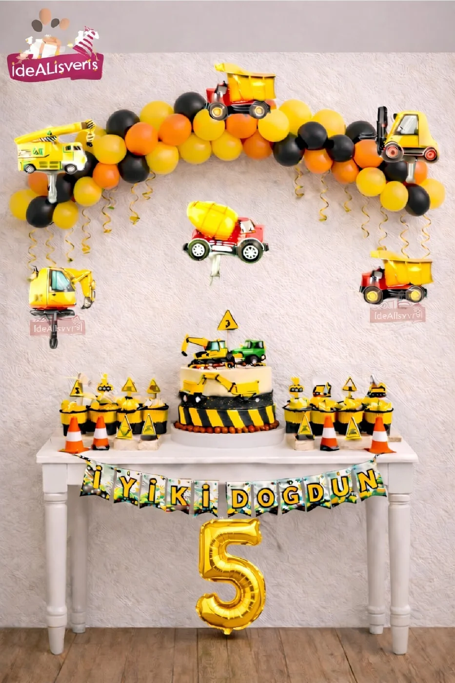 İnşaat Temalı Yaş Doğum Günü Süsleme Seti İş Makinesi Folyo Balon Balon Zinciri Parti Dekoru Süsü