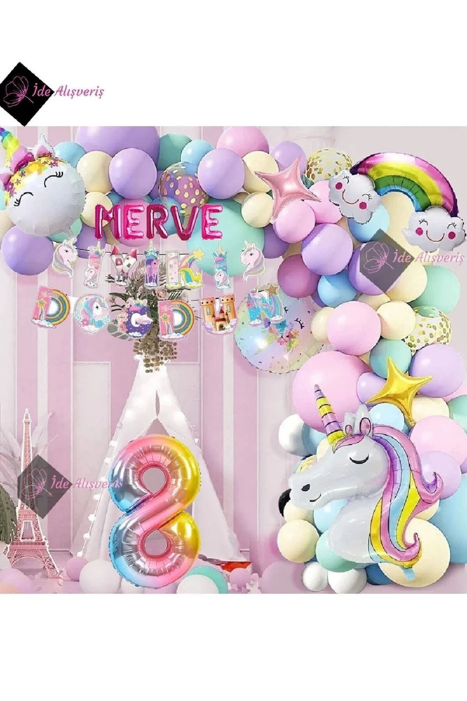 5 Harfli 8 Yaş Karakterli Unicorn Temalı Iyi Ki Doğdun Makaron Balon Doğum Günü Parti Kutlama Seti