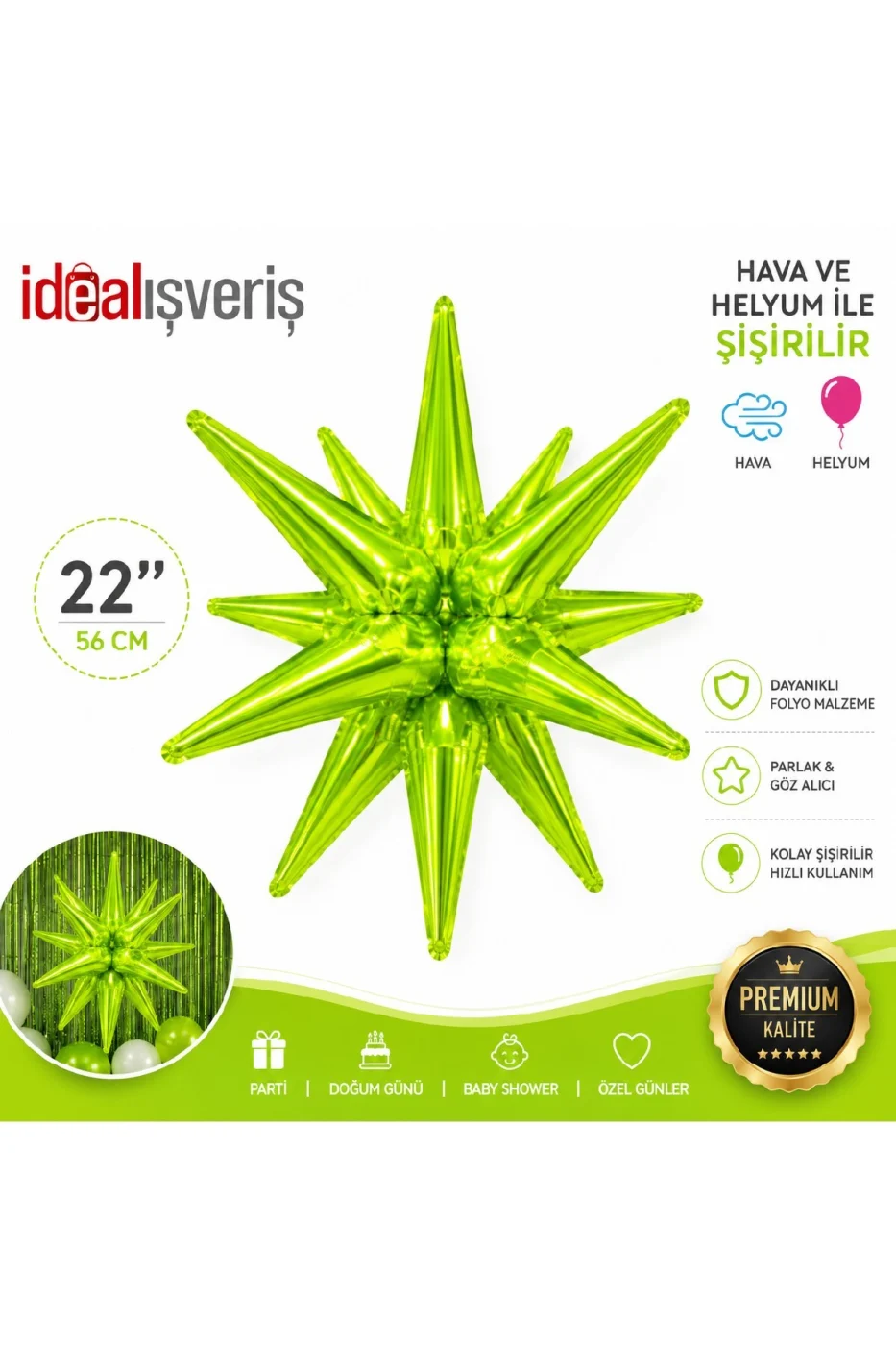 22 İnç Holografik 3D Kutup Yıldız Folyo Balon Neon (Renk) Parti Süsü Helyum Uyumlu 56 cm gorsel 3