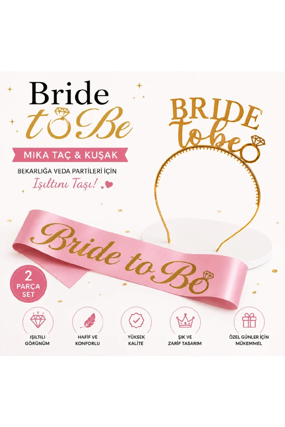 Bride To Be Taç ve Pembe Kuşak Seti - Bekarlığa Veda Gelin Aksesuarı - Bridal Shower Parti Seti gorsel 7