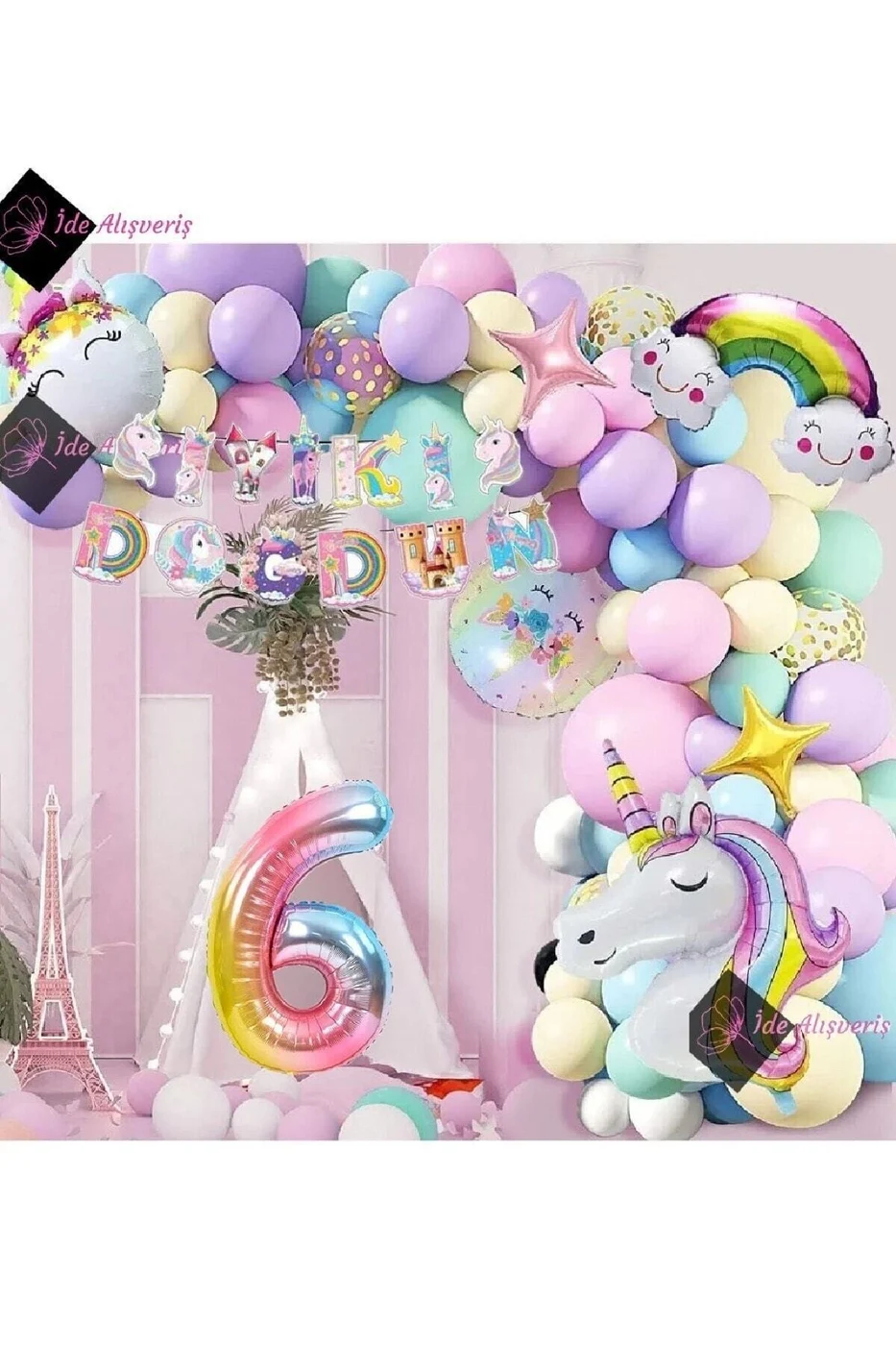 6 Yaş Karakterli Unicorn Temalı Iyi Ki Doğdun Makaron Balon Doğum Günü Parti Kutlama Seti gorsel 2