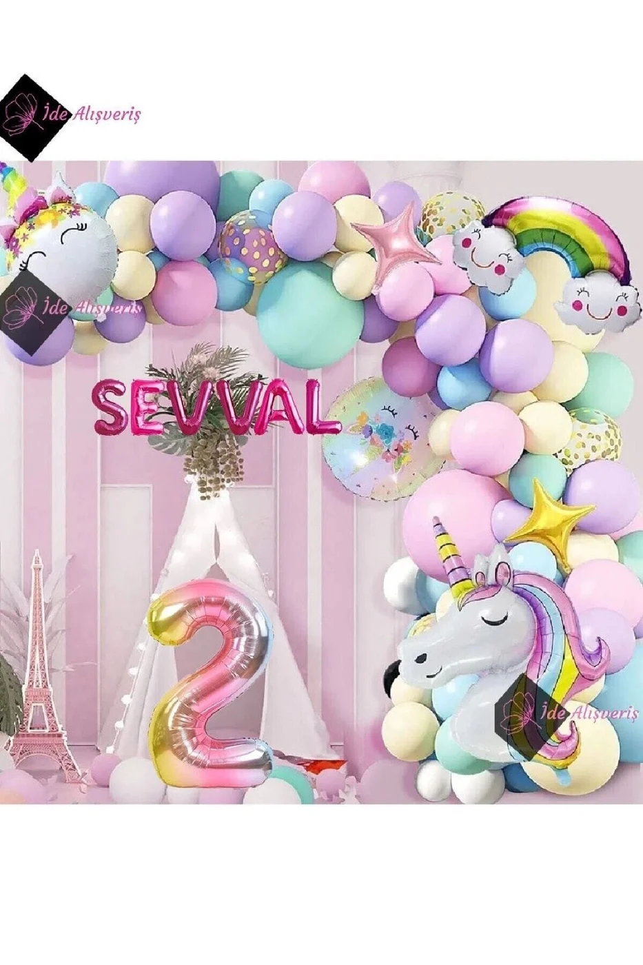 6 Harfli 2 Yaş Gökkuşağı Konsepti Unicorn Temalı Makaron Balon Doğum Günü Parti Kutlama Seti