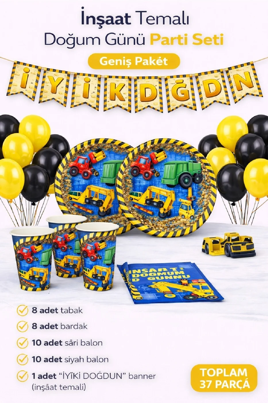 İnşaat Temalı 20’li Sarı Siyah Balon Seti Tabak Bardaklı Parti & Doğum Günü Dekorasyon gorsel 4