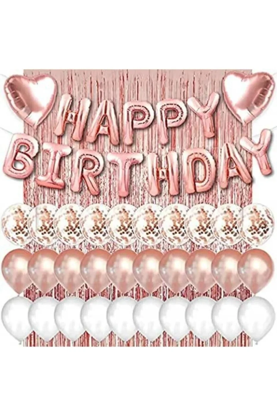 Rose Gold Pembe Happy Birthday Ve Kalp Folyo Ve 30 Rose Beyaz Şeffaf Balonlu Arka Fon Perde Set