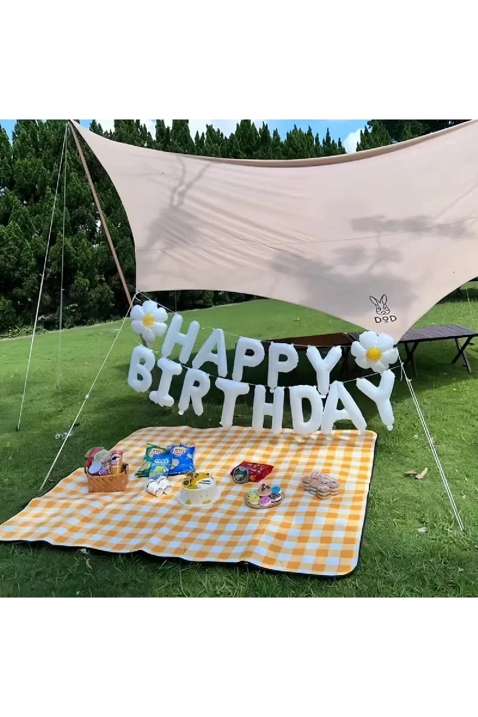 Beyaz Renk Happy Folyo Balonları Pankart Seti, 2 Papatya Balonu ile gorsel 4