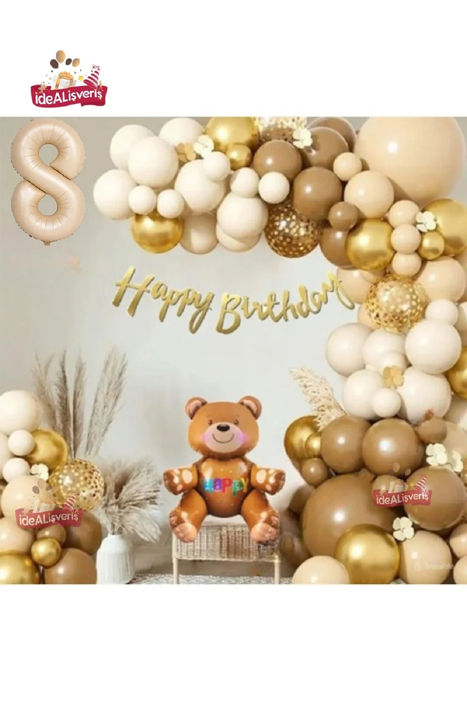 BEJ RETRO RENK OTURAN AYI FOLYO BALONLU BALON ZİNCİR SET DOĞUM GÜNÜ PARTİ SETİ SÜSÜ gorsel 3