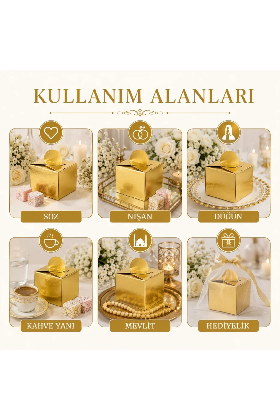 25 Adet Gold Gümüş Lokumluk Kutusu | Söz Nişan Düğün Mevlit Hediyelik Karton Lokum Kutusu | Premium Gold Gümüş gorsel 7