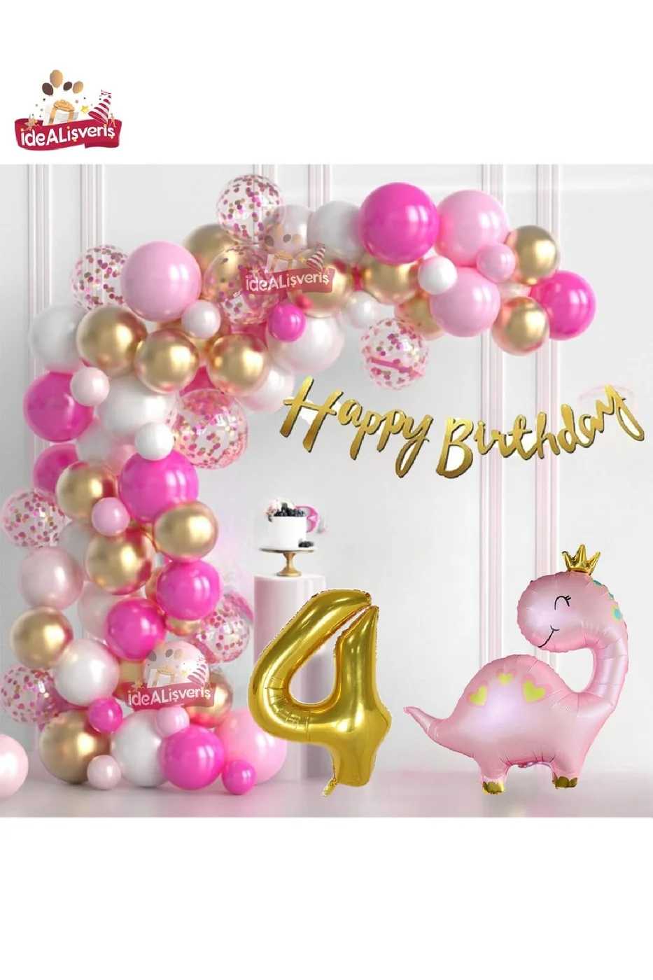 Lüks Pembe Dinozor 4 Yaş Folyo Balonlu Pembe Gold Beyaz Doğum Günü Parti Seti Süsü gorsel 4