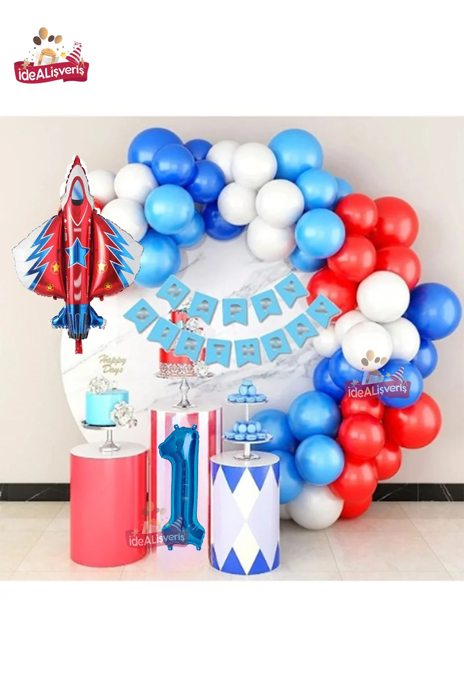 Jet Uçak Mavi 1 Yaş Folyolu Kırmızı Beyaz Mavi Balon Zincir Doğum Günü Seti