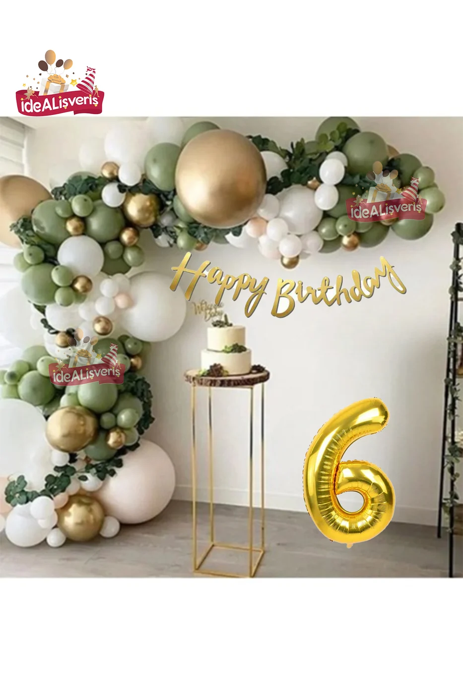 6 Yaş Happy Kaligrafi Yazılı Küf Yeşili Gold Beyaz Balon Zinciri Seti Doğum Günü Parti Seti Süsü