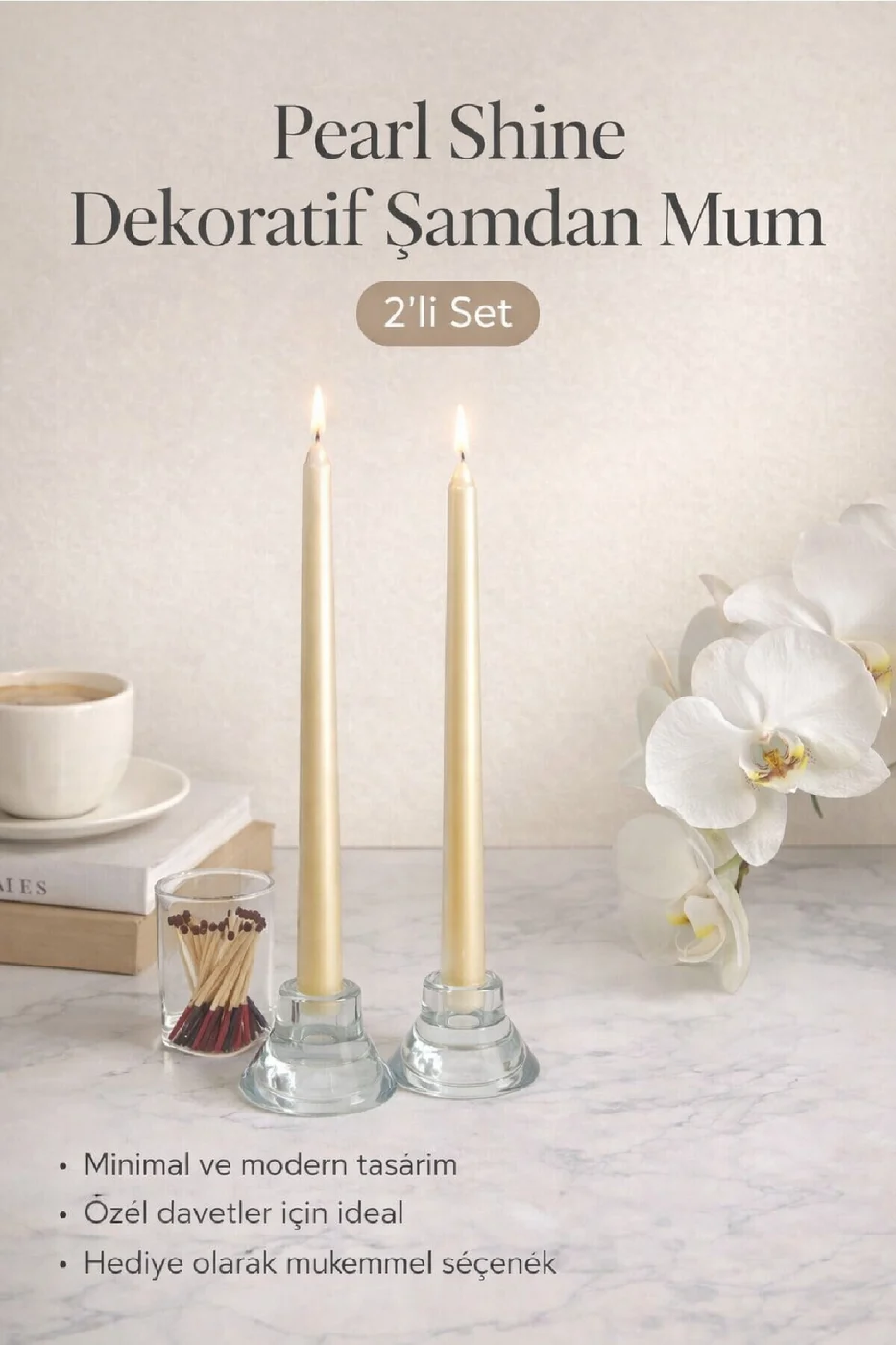 LUXE Şamdan Mum Seti 2’li Gold / Ivory / Silver Dekoratif Uzun Şamdan Mum