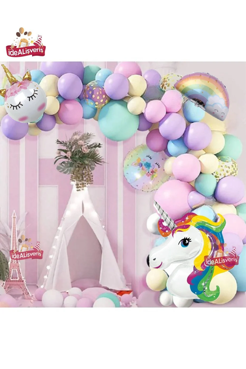 Gökkuşağı Konsepti Unicorn Temalı Makaron Balon Doğum Günü Parti Kutlama Seti