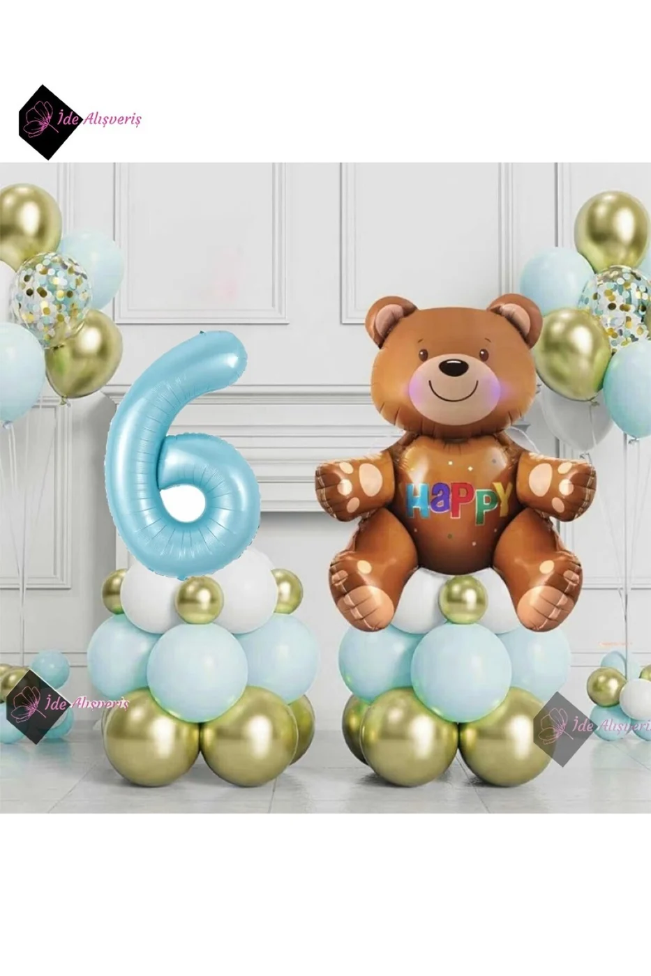 Ayıcıklı Mavi 6 Yaş Krom Balonlu Balon Seti Mavi Doğum Günü Süsü Parti Seti
