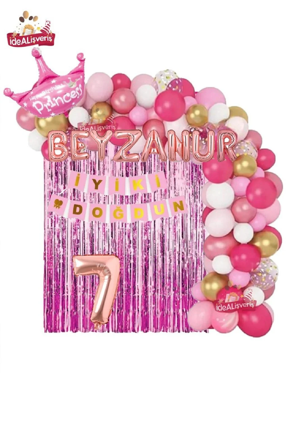 7 Harfli Rose İsimli Pembe Beyaz Konseptli Kraliçe Taçlı Doğum Günü Balon Zincir Parti Seti Süsü gorsel 7