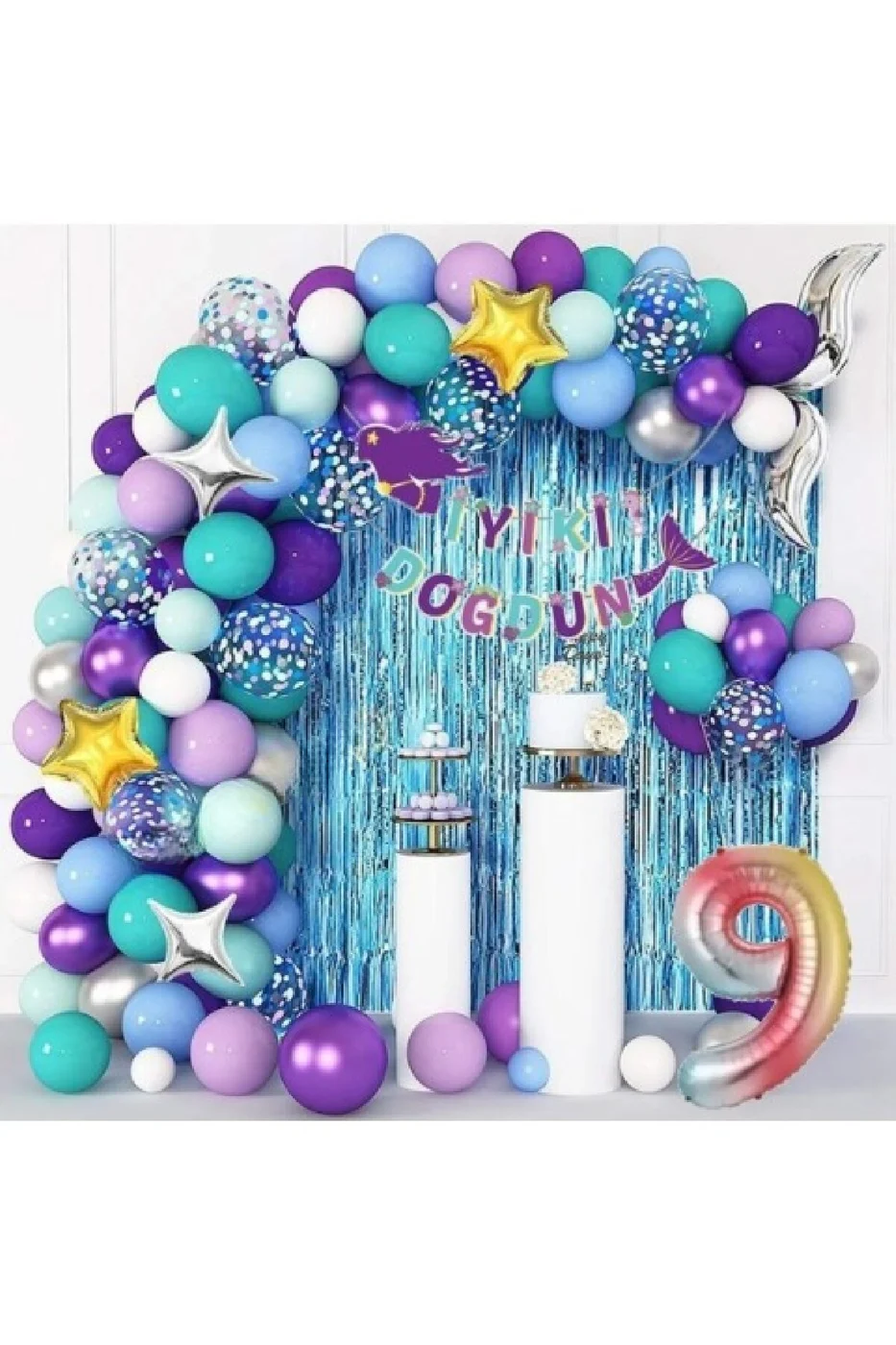 9 Yaş Gökkuşağı Folyolu Deniz Kızı Lüks  Balon Zinciri Doğum Günü Parti Seti Süsü