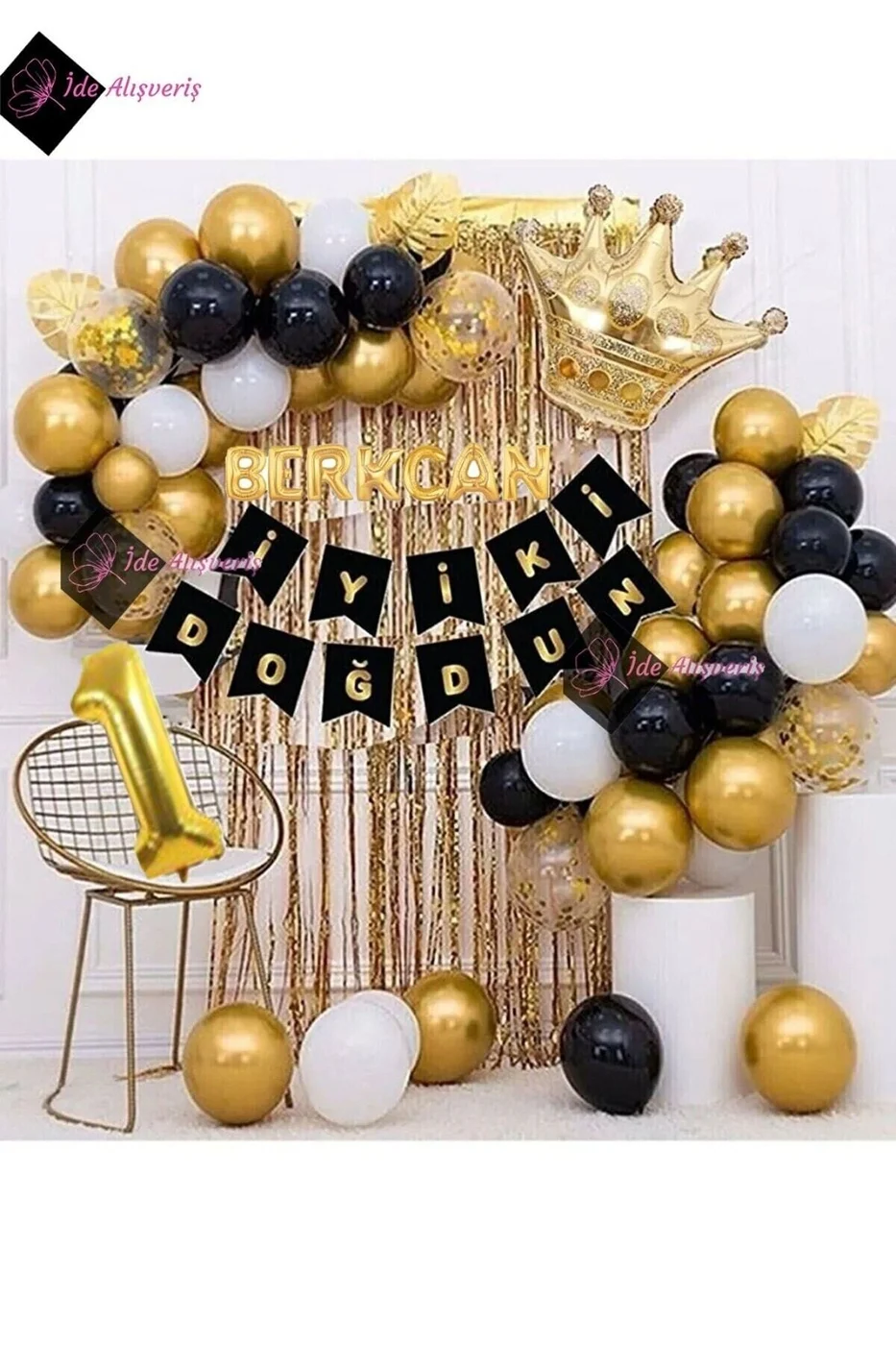 7 Harfli Isim Ve 1 Yaş, Kral Taçlı Balon Zinciri Doğum Günü Seti Iyi Ki Doğdun Doğum Günü Lüks Seti gorsel 3