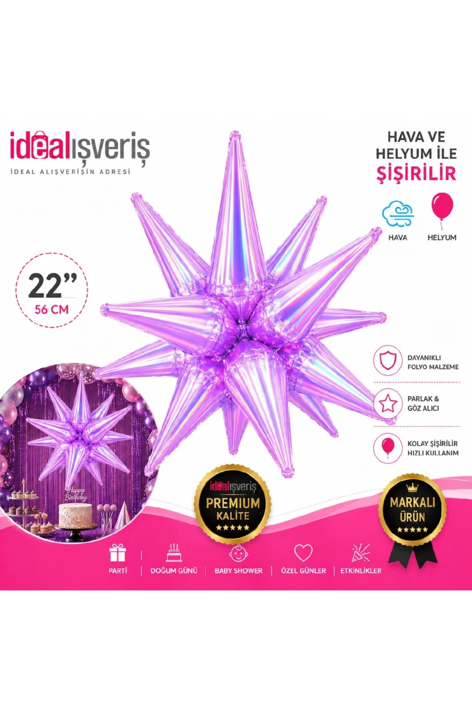 22 İnç Holografik 3D Kutup Yıldız Folyo Balon Neon (Renk) Parti Süsü Helyum Uyumlu 56 cm gorsel 2