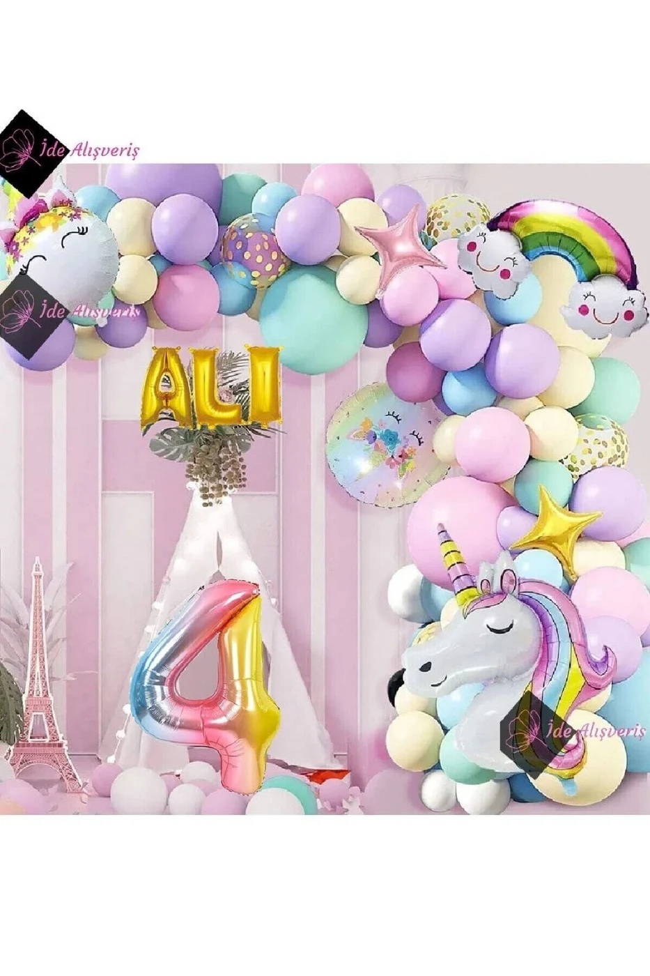 4 Yaş Ve 3 Harfli Gökkuşağı Konsepti Unicorn Temalı Makaron Balon Doğum Günü Parti Kutlama Seti gorsel 3
