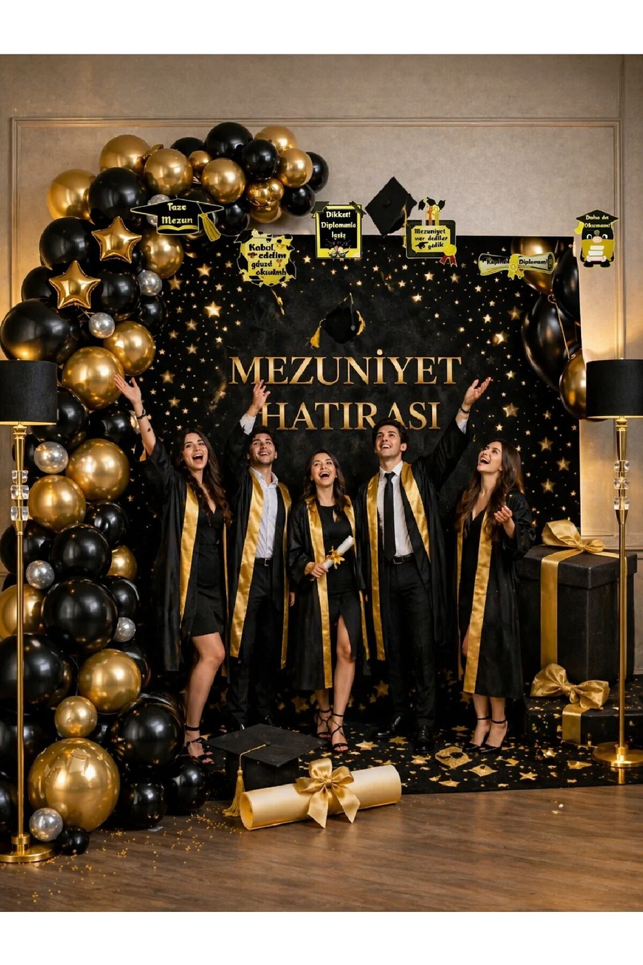 Premium Mezuniyet Hatırası Siyah Gold Konsept Parti Arka Fon & Balon Seti Mezuniyet Tam Set gorsel 5